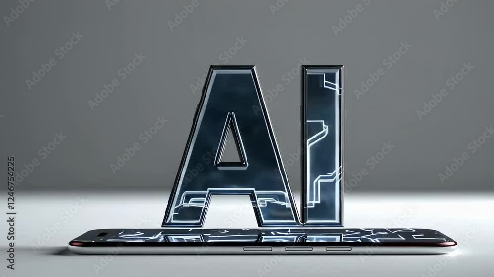 Poster artificial intelligence symbol, ai, materializing above a smartphone in a slow motion sequence, symb