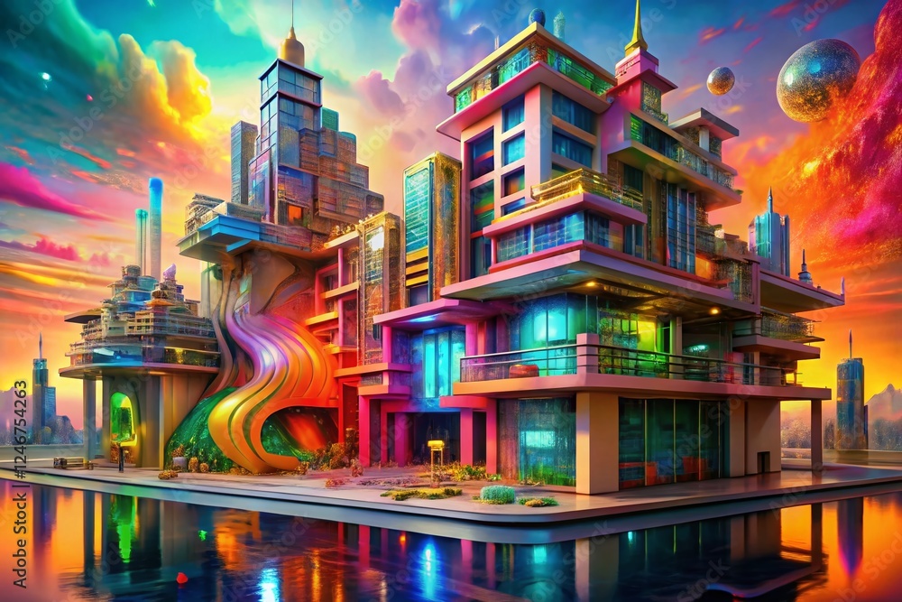 Poster futuristic architectural model with bright abstract paint splashes and fractal art background