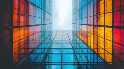 Obraz na płótnie Canvas Colorful city skyscraper, upward view, bright sky, modern architecture, business backdrop