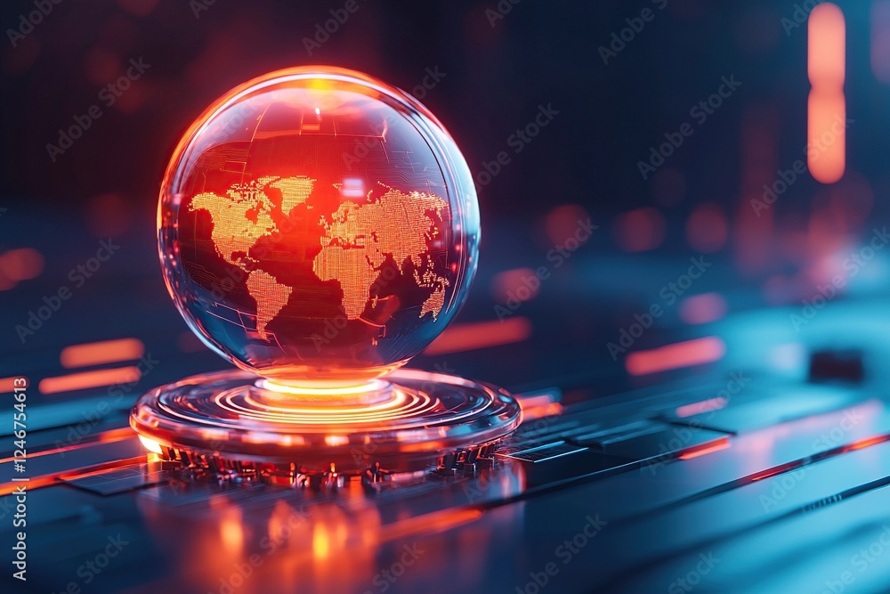 Poster futuristic globe with illuminated world map, surrounded by glowing lines on a dark background, symbo