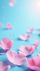 Obraz premium Pastel pink rose petals scattered on a blue sky background, calm, landscape, gentle hue