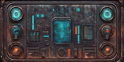Fototapeta premium Space station metal wall background with futuristic design, glowing control panels.