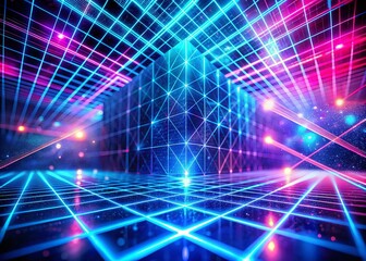 Obraz premium Futuristic Glowing Grid: Abstract Pink & Blue Neon Double Exposure Background for Tech Designs