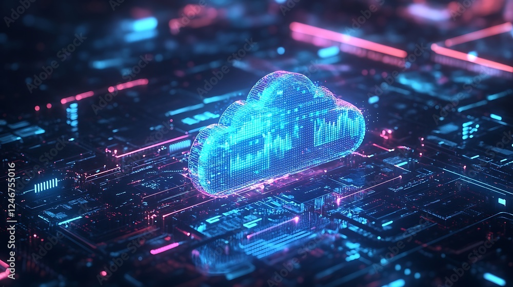 Poster a blue glowing cloud icon with data flowing connection background