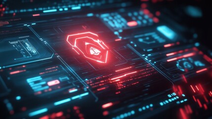 Fototapeta premium Cybersecurity AI monitoring compliance protocols, dark mode interface with glowing security shields