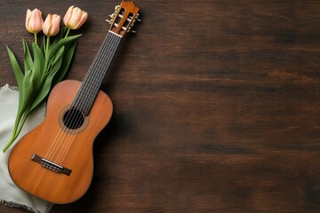 A Classical Acoustic Guitar with Tulips on a Wooden Surface: A Still Life of Music and Spring