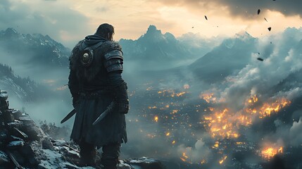 Warrior surveys burning valley from snowy peak