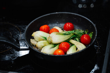 tomatoes, bok choy, fennel cooked in a grill pan