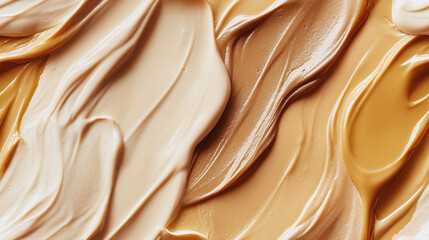 Swatches of cream foundation layered on a textured surface showcasing various shades and tones for diverse skin types during a makeup application session