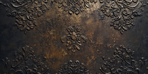 Obraz premium Dark bronze metal background with deeply etched textures and natural patina. The surface displays a mix of aged colors and intricate designs, giving it an antique and steampunk-inspired feel, ideal