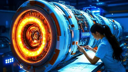 A woman working on a large machine in a factory