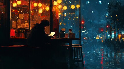 Cozy Evening Cafe Scene with Soft Lights and Rainy Street View