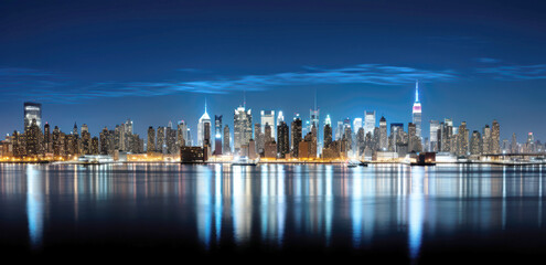 Fototapeta premium Big City skyline at night with dark blue river on the bottom