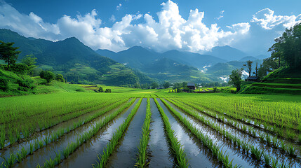Lush Rice Terraces Reflecting Mountains, Vietnam