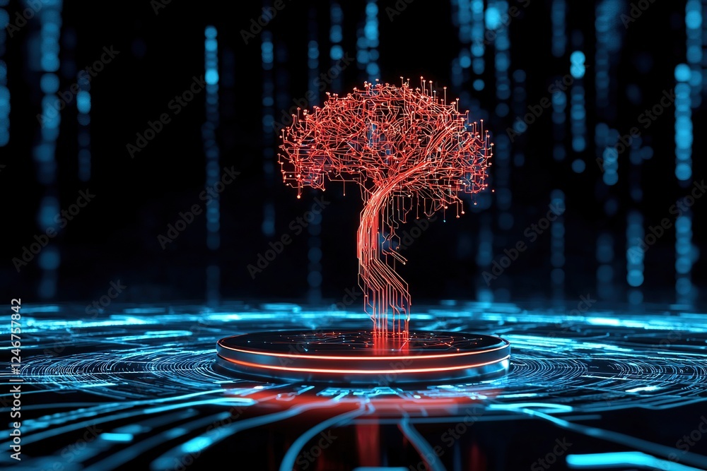 Poster a digital tree illuminated with red lights stands on a glowing circular platform against a futuristi