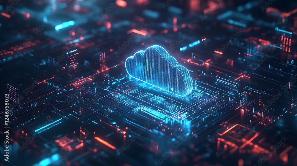 Poster a blue glowing cloud icon with data flowing connection background