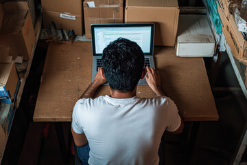 Working professional warehouse office digital workspace indoor overhead view