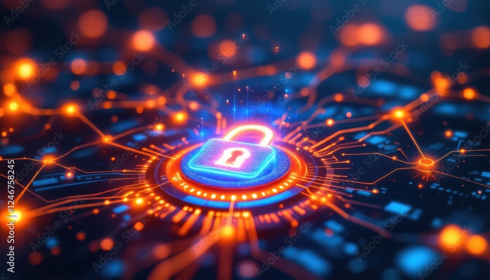 Aufkleber glowing lock symbol on technological circuit background indicating cybersecurity
