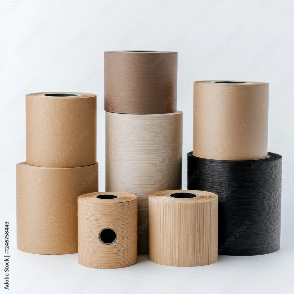 Poster assorted rolls of colorful paper for crafting and decorating projects in soft natural tones