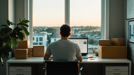 Fototapeta premium Modern home office overlooking cityscape a daylight workspace for professionals