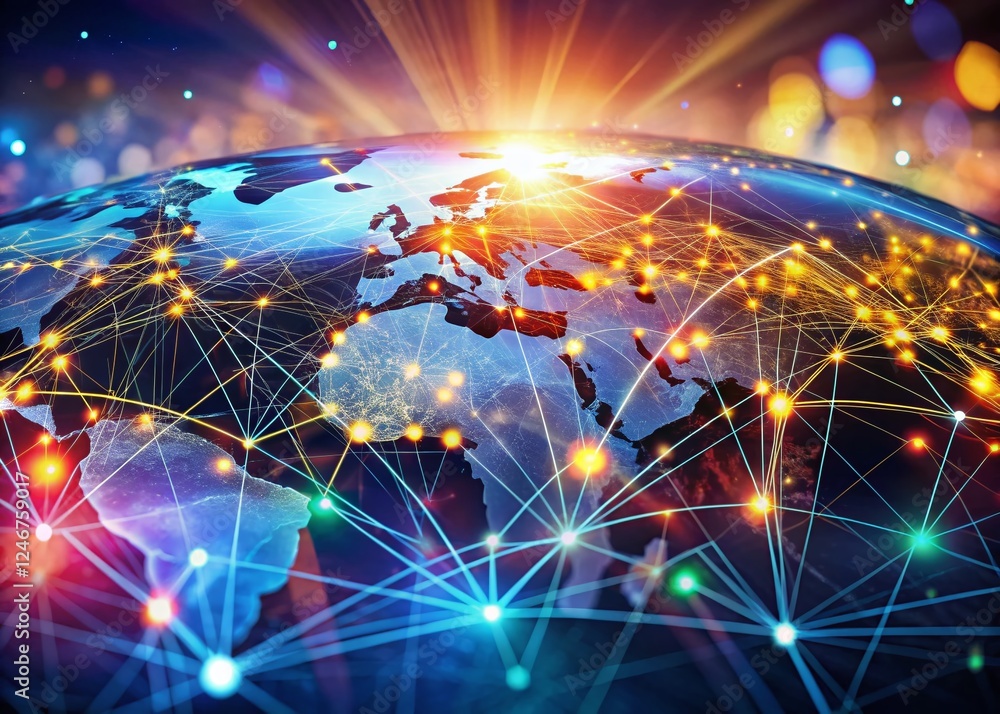 Poster global network: connected dots and lines big data visualization background