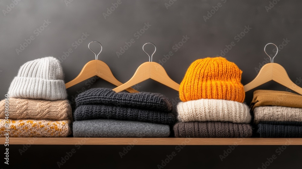 Poster a row of neatly arranged colorful sweaters on display in a retail store setting