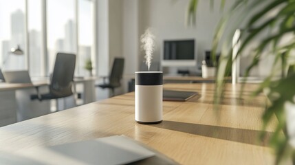 Office humidifier, modern workspace, city view