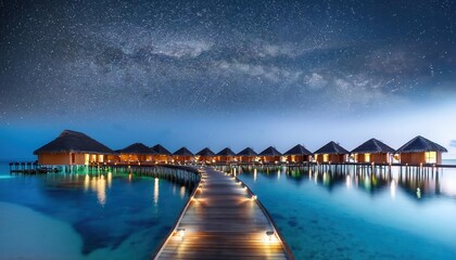 Explore a tranquil summer evening at an overwater resort under a starlit sky