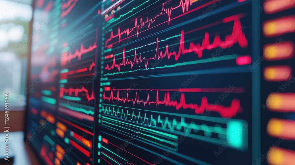Fototapete Digital Health Concepts. Close-up of a digital screen displaying colorful waveforms and data analytics, emphasizing technology and healthcare monitoring.