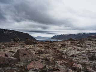 Paysage sauvage des fjords de l’Ouest en Islande sous un ciel nuageux