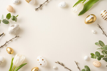 Easter-themed arrangement featuring golden eggs, white tulips, and green leaves on a beige...