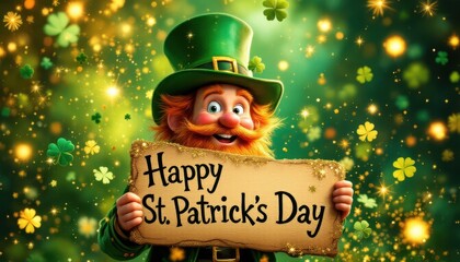 Cheerful leprechaun holding st. patrick's day sign with shamrocks and glittering background