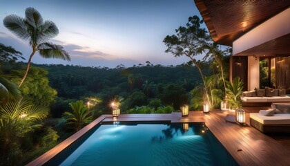 Tropical evening by the serene pool surrounded by lush greenery in summer bliss