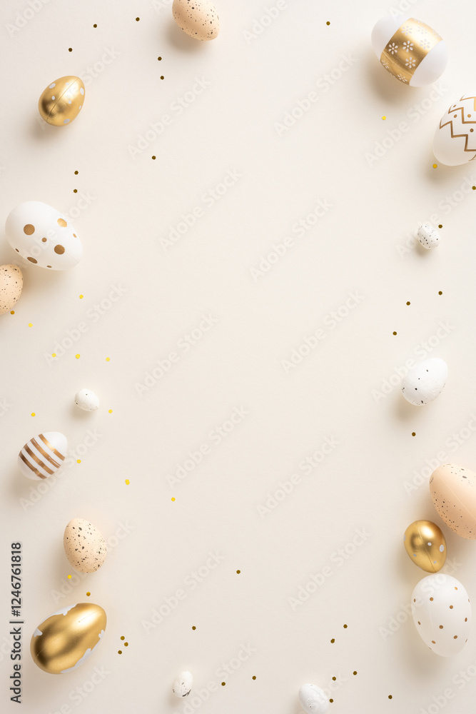 Wall mural golden and white vertical easter eggs arranged on a beige surface with confetti, creating a festive 