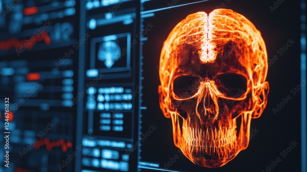 Fototapete Digital Health Concepts. Digital representation of a skull with glowing elements against a high-tech background, suggesting themes of technology and science.