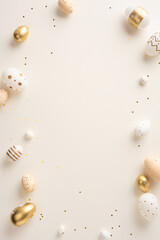 Golden and white vertical Easter eggs arranged on a beige surface with confetti, creating a festive and elegant atmosphere, perfect for holiday celebrations or chic decorations