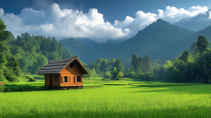 Fototapeta premium Mountain valley house, rice paddy, sunlight, clouds, idyllic scene, postcard