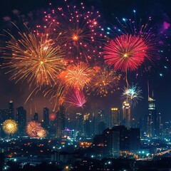 Vibrant fireworks display over a city skyline at night.