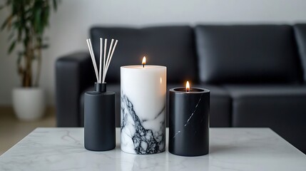Elegant arrangement of candles and a diffuser on a marble table in a modern living room setting