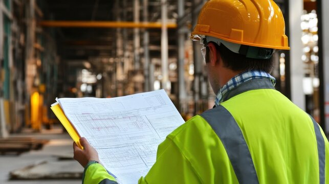 Factory compliance inspection, engineer reviewing industrial safety protocols
