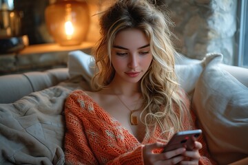 Woman measure heart rate with smart technology in phone while sitting on sofa at home Health and wellness concept Focus on phone screen