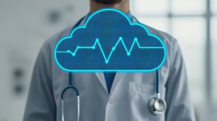 Digital Health Concepts. A healthcare professional stands with a stethoscope, featuring a digital cloud and heartbeat graphic, symbolizing telemedicine and health technology.