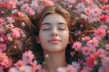 Woman with music notes and flowers, human brain, self care and mental health concept, sound therapy, creative mind