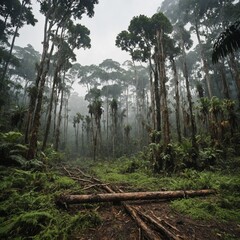 Fototapeta premium A deforested landscape transitioning into a healthy rainforest, white background.