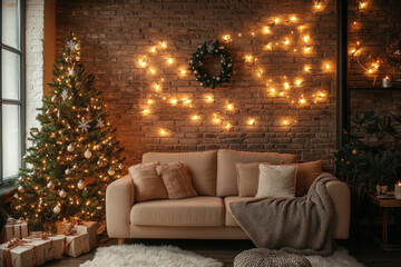 Living room with Christmas tree and couch.