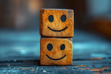 world mental health day concept or feedback rating and positive customer review, wood cube stacking with emotion face icon on blue background