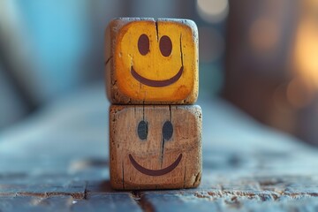world mental health day concept or feedback rating and positive customer review, wood cube stacking with emotion face icon on blue background