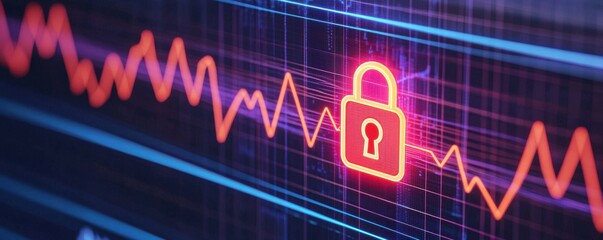 Obraz premium Digital Health Concepts. Digital lock symbol overlaying a dynamic graph, representing security in data analysis and cybersecurity concepts.