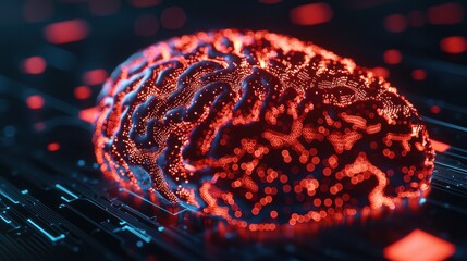 Digital Health Concepts. A glowing, digital representation of a brain, showcasing intricate patterns against a dark, technological background.