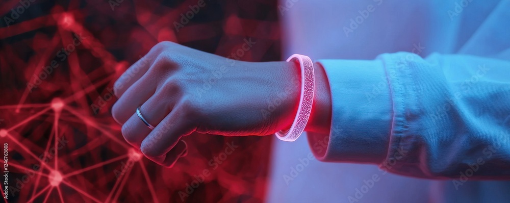 Poster Digital Health Concepts. A glowing bracelet on a hand with a futuristic, tech-inspired background featuring red and blue lighting effects.